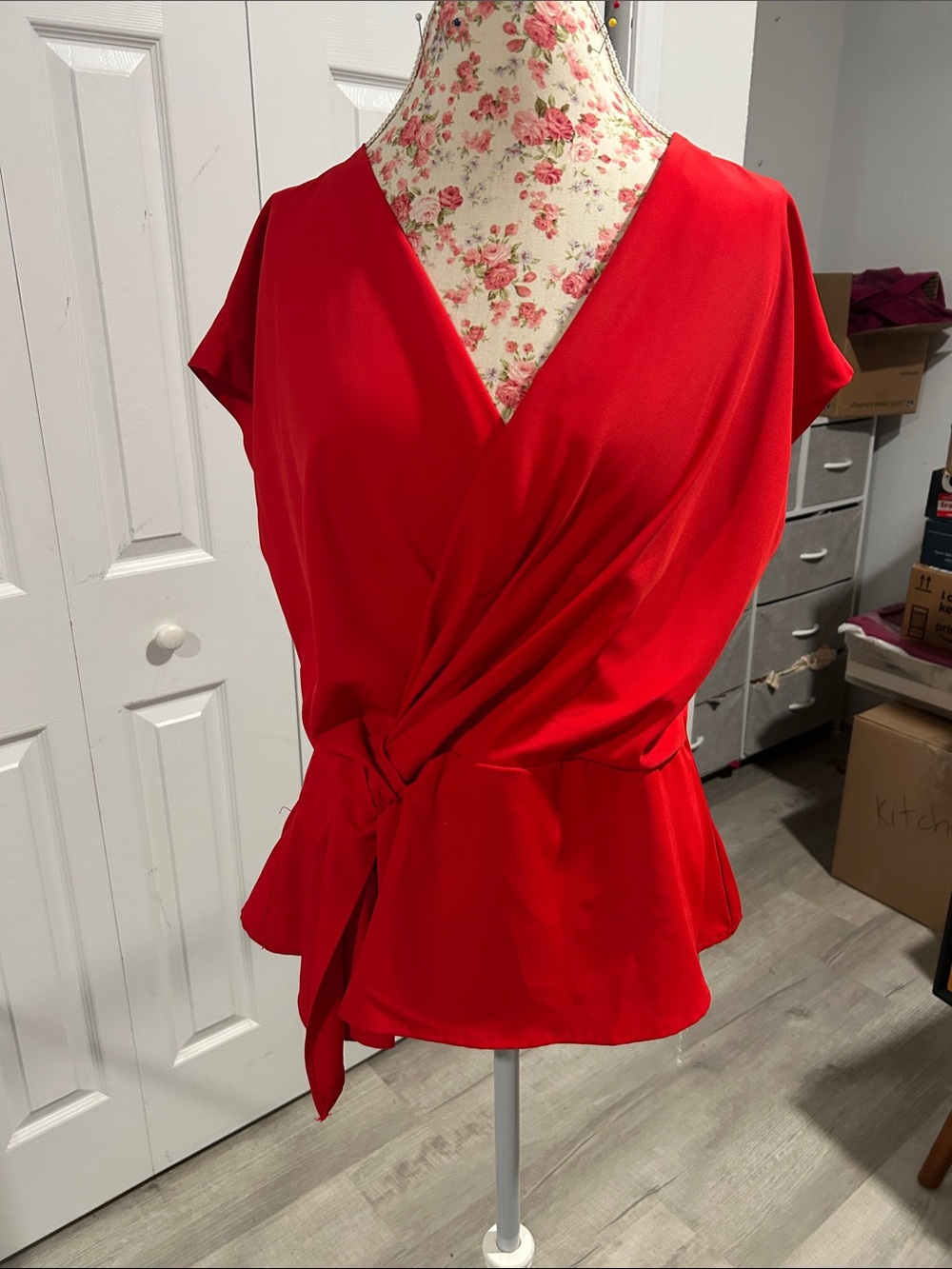 glam Red Wrap Tie-Front Blouse
